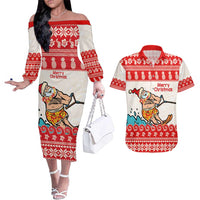 Mele Kalikimaka Hawaii Couples Matching Off The Shoulder Long Sleeve Dress and Hawaiian Shirt Water-skiing Santa Tropical Vibes LT14 Red - Polynesian Pride