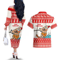 Mele Kalikimaka Hawaii Couples Matching Off The Shoulder Long Sleeve Dress and Hawaiian Shirt Water-skiing Santa Tropical Vibes LT14 - Polynesian Pride