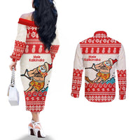 Mele Kalikimaka Hawaii Couples Matching Off The Shoulder Long Sleeve Dress and Long Sleeve Button Shirt Water-skiing Santa Tropical Vibes