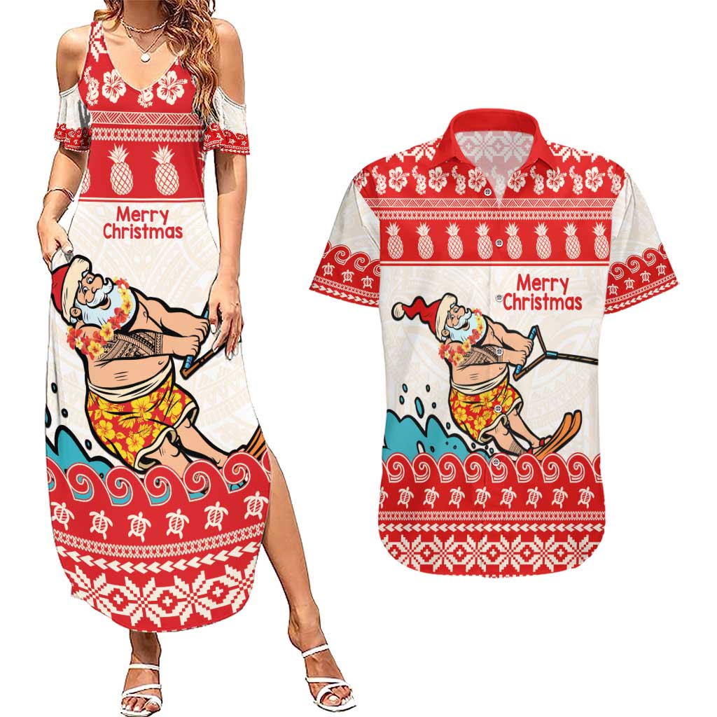 Mele Kalikimaka Hawaii Couples Matching Summer Maxi Dress and Hawaiian Shirt Water-skiing Santa Tropical Vibes LT14 Red - Polynesian Pride