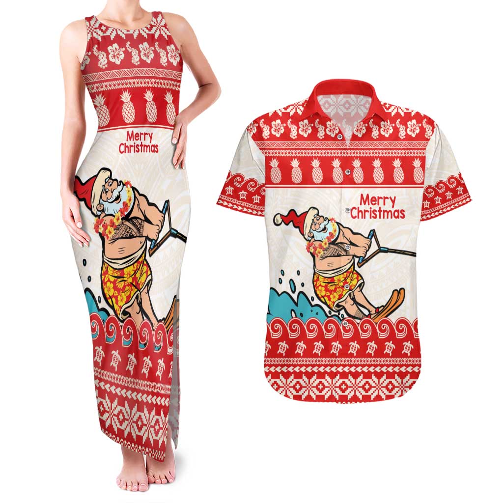 Mele Kalikimaka Hawaii Couples Matching Tank Maxi Dress and Hawaiian Shirt Water-skiing Santa Tropical Vibes LT14 Red - Polynesian Pride