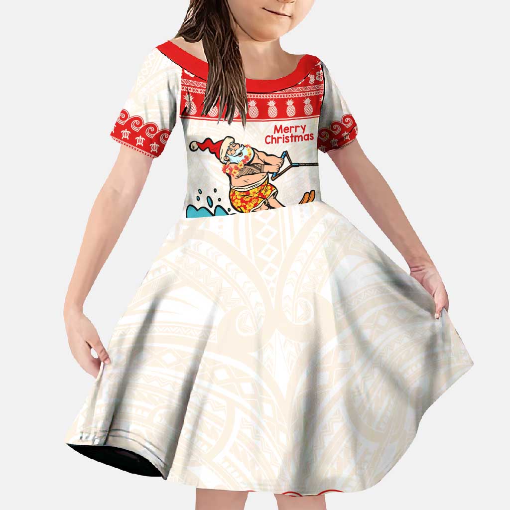 Mele Kalikimaka Hawaii Family Matching Long Sleeve Bodycon Dress and Hawaiian Shirt Water-skiing Santa Tropical Vibes LT14 Daughter's Dress Red - Polynesian Pride