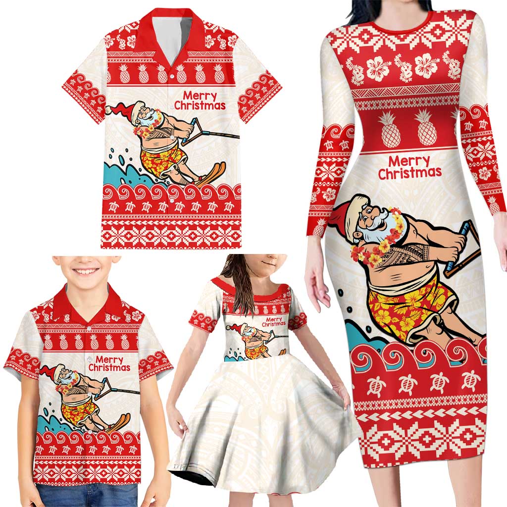 Mele Kalikimaka Hawaii Family Matching Long Sleeve Bodycon Dress and Hawaiian Shirt Water-skiing Santa Tropical Vibes LT14 - Polynesian Pride