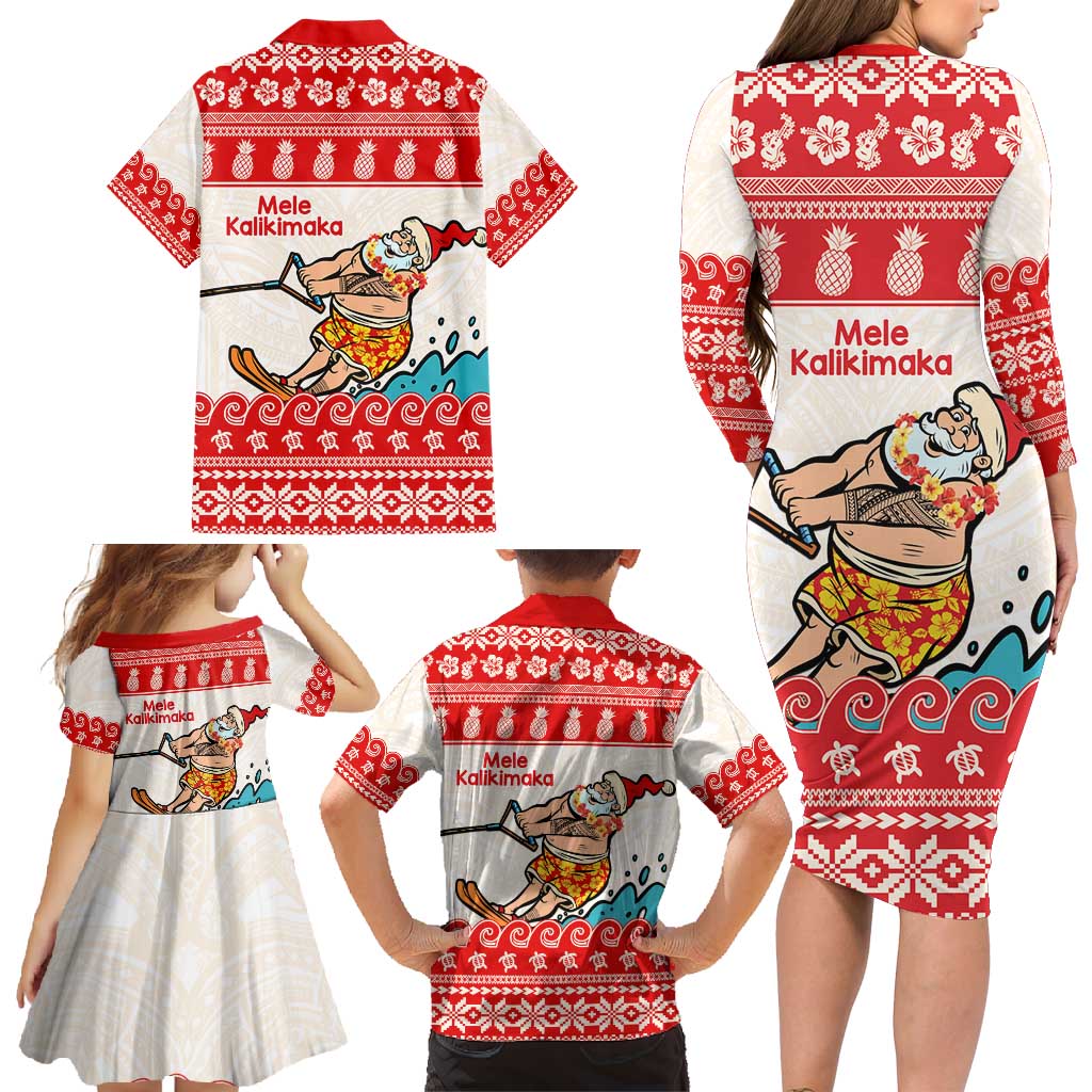 Mele Kalikimaka Hawaii Family Matching Long Sleeve Bodycon Dress and Hawaiian Shirt Water-skiing Santa Tropical Vibes LT14 - Polynesian Pride