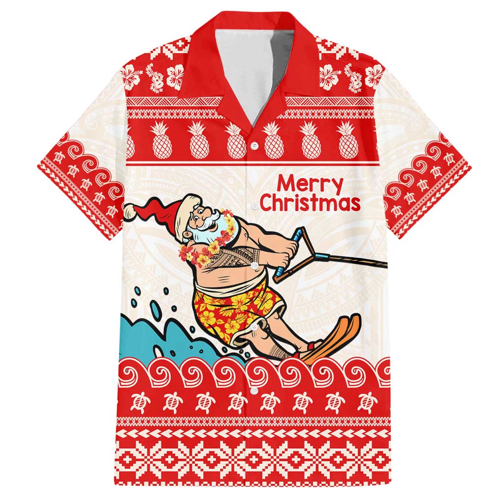 Mele Kalikimaka Hawaii Family Matching Long Sleeve Bodycon Dress and Hawaiian Shirt Water-skiing Santa Tropical Vibes LT14 Dad's Shirt - Short Sleeve Red - Polynesian Pride