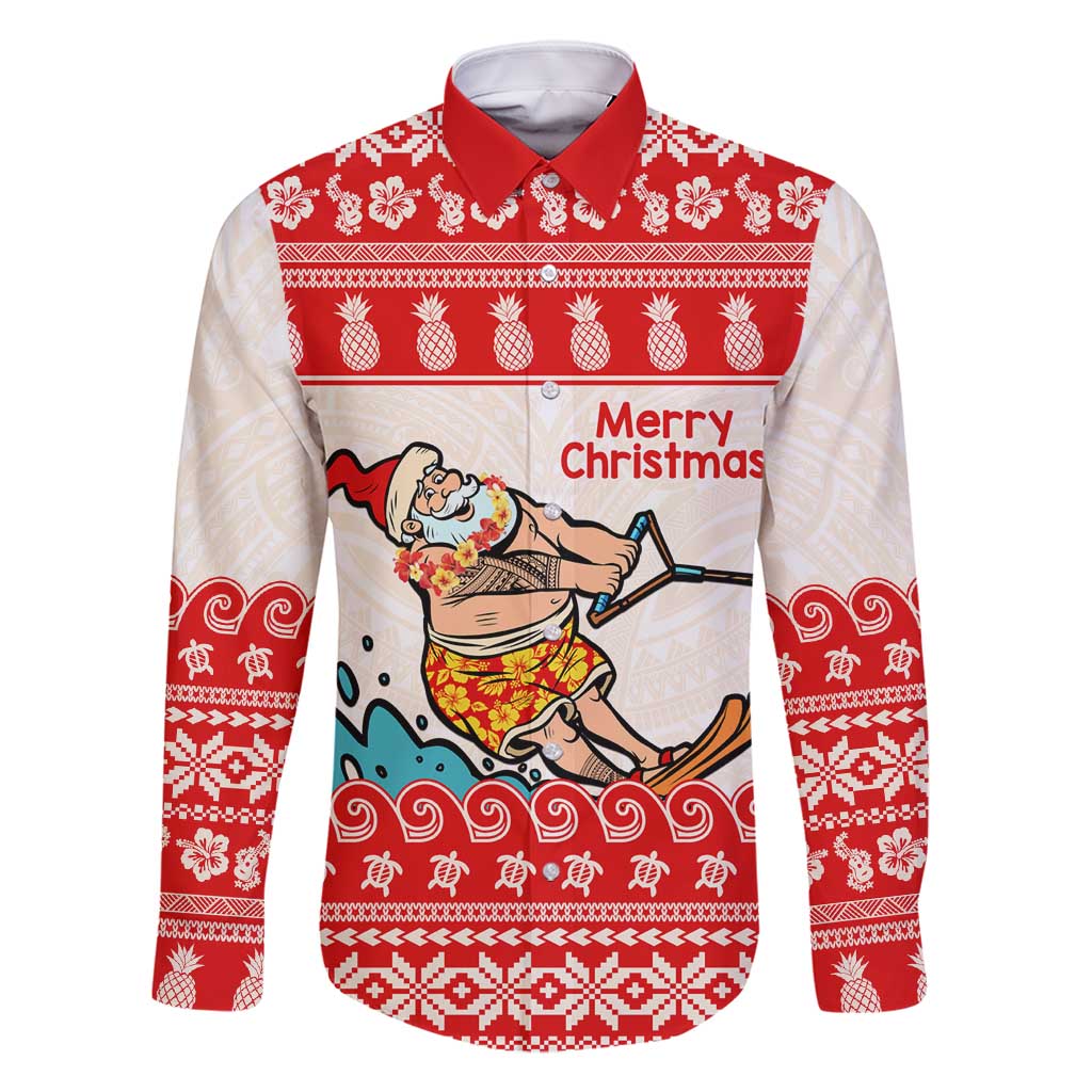 Mele Kalikimaka Hawaii Family Matching Long Sleeve Bodycon Dress and Hawaiian Shirt Water-skiing Santa Tropical Vibes LT14 Dad's Shirt - Long Sleeve Red - Polynesian Pride