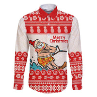 Mele Kalikimaka Hawaii Family Matching Long Sleeve Bodycon Dress and Hawaiian Shirt Water-skiing Santa Tropical Vibes LT14 Dad's Shirt - Long Sleeve Red - Polynesian Pride