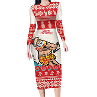 Mele Kalikimaka Hawaii Family Matching Long Sleeve Bodycon Dress and Hawaiian Shirt Water-skiing Santa Tropical Vibes LT14 Mom's Dress Red - Polynesian Pride