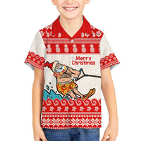 Mele Kalikimaka Hawaii Family Matching Off The Shoulder Long Sleeve Dress and Hawaiian Shirt Water-skiing Santa Tropical Vibes LT14 Son's Shirt Red - Polynesian Pride