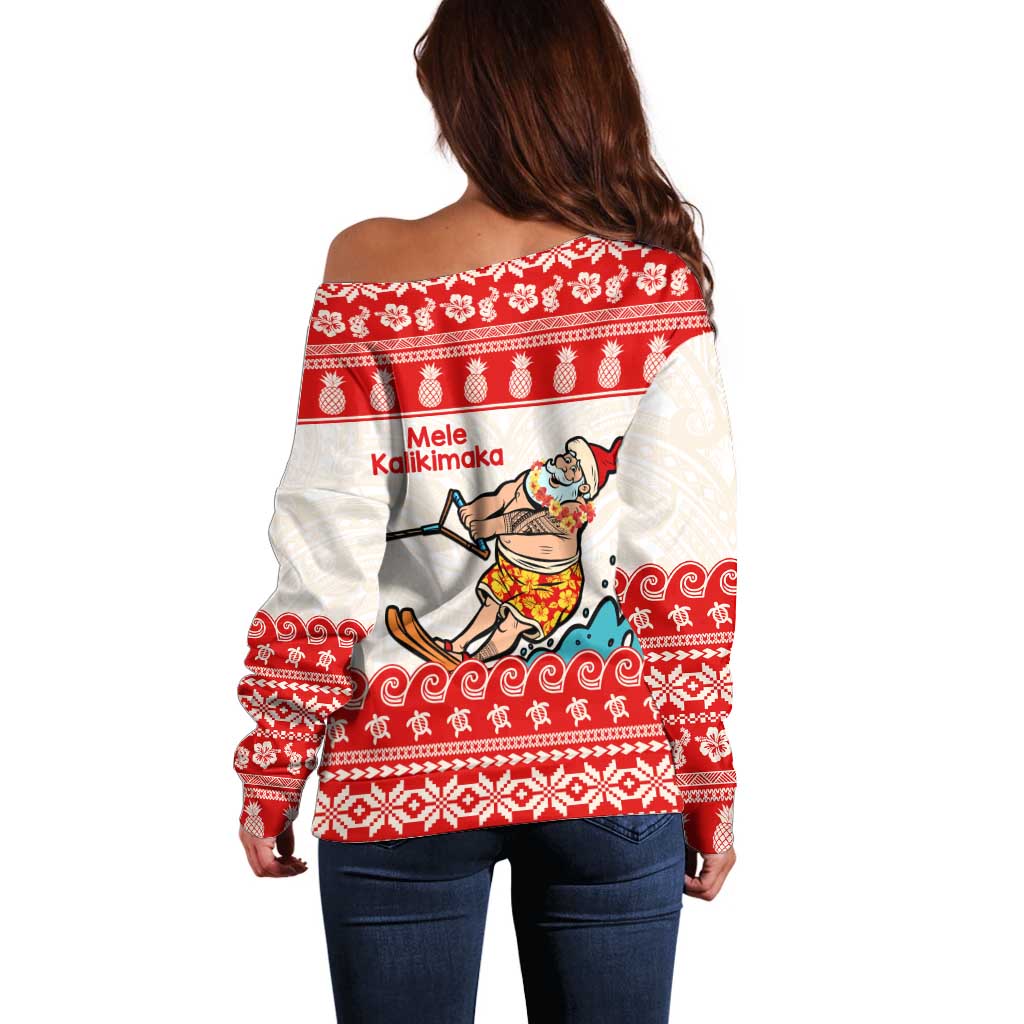 Mele Kalikimaka Hawaii Off Shoulder Sweater Water-skiing Santa Tropical Vibes