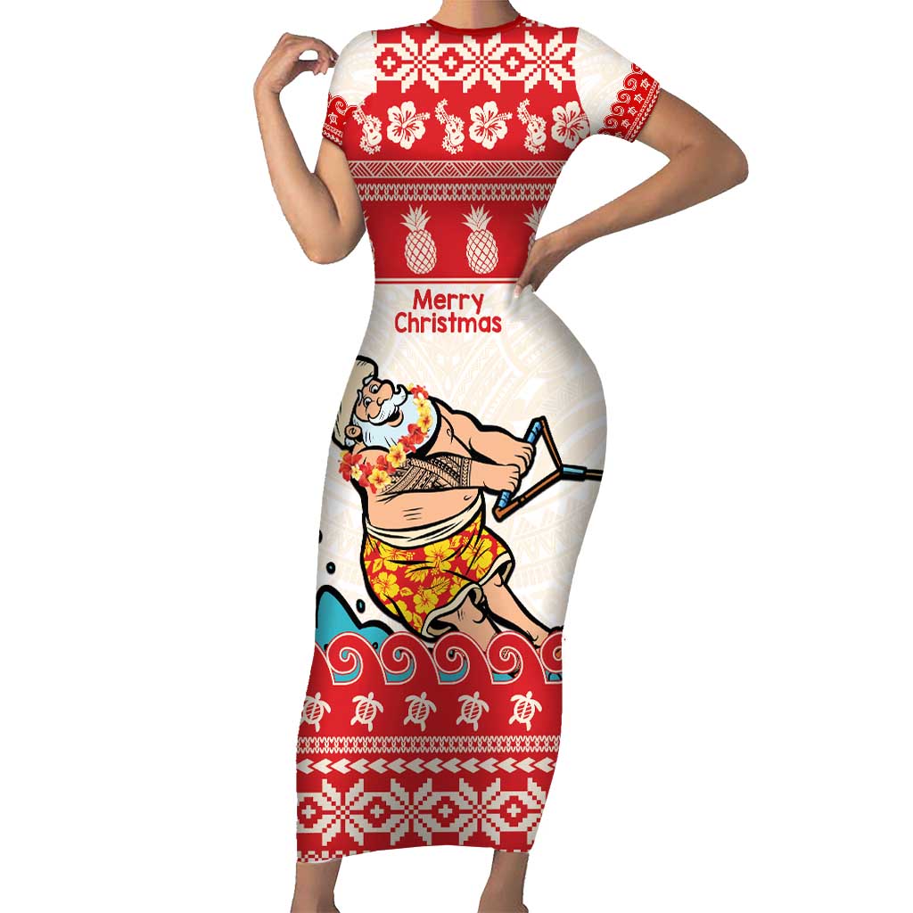 Mele Kalikimaka Hawaii Short Sleeve Bodycon Dress Water-skiing Santa Tropical Vibes