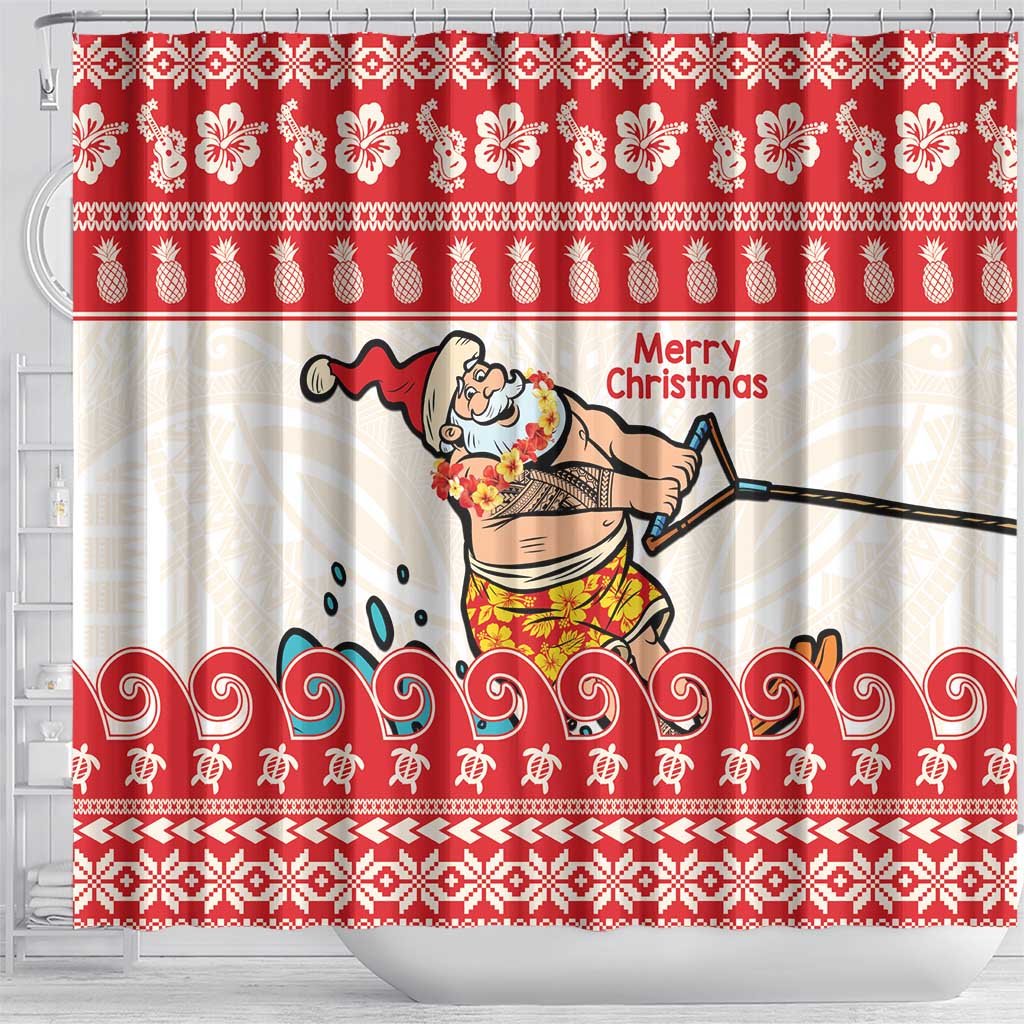 Mele Kalikimaka Hawaii Shower Curtain Water-skiing Santa Tropical Vibes