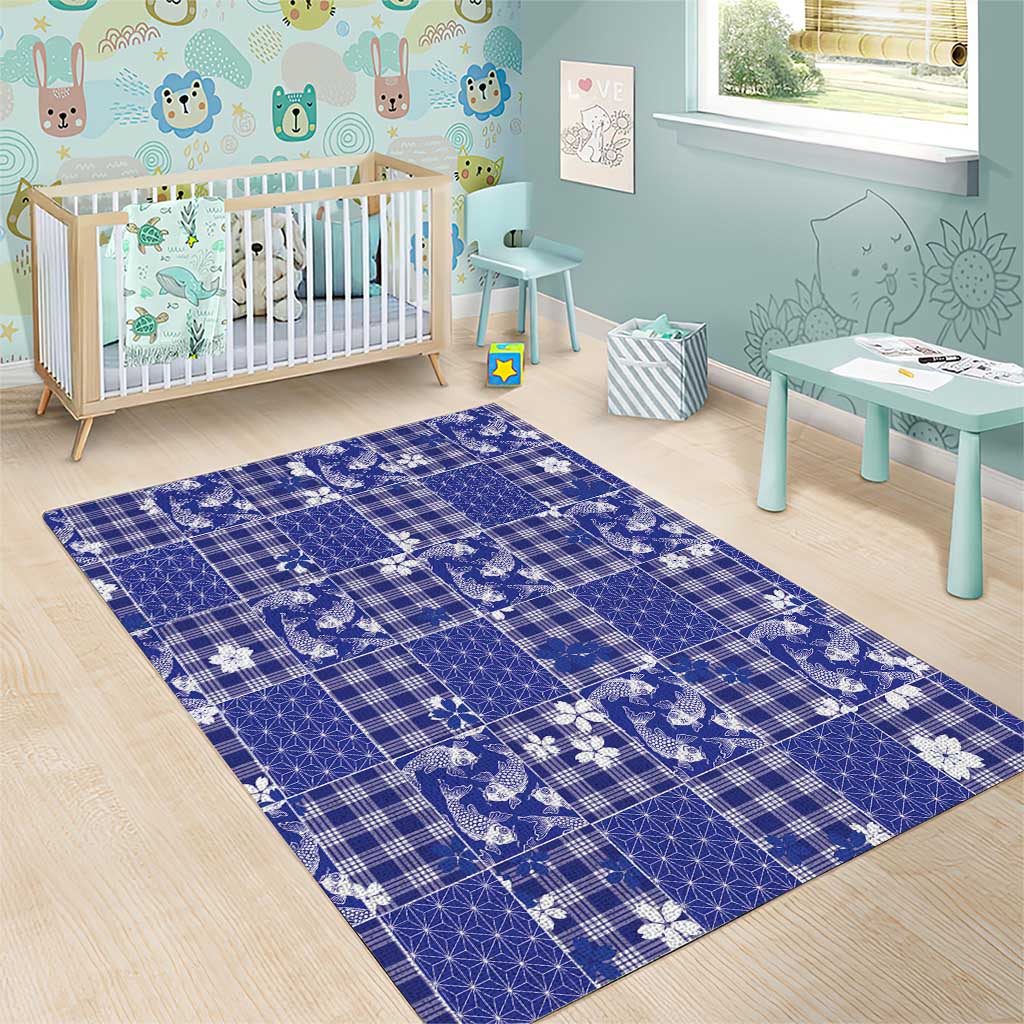 Blue Palaka Japanese Patterns Area Rug Koi Fish Asanoha Sakura Patchwork Stylized - Polynesian Pride