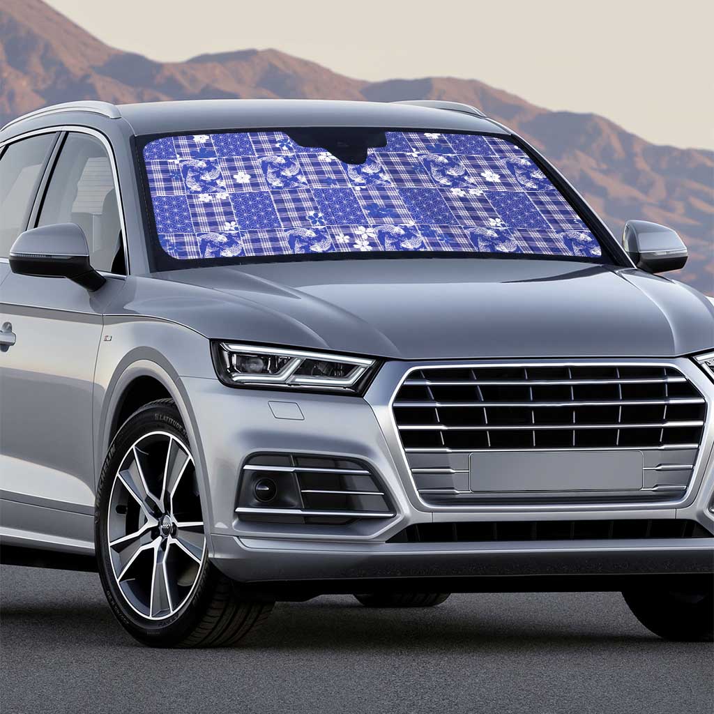 Blue Palaka Japanese Patterns Auto Sun Shade Koi Fish Asanoha Sakura Patchwork Stylized - Polynesian Pride