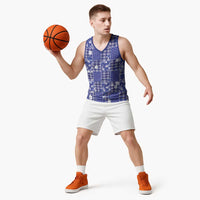 Blue Palaka Japanese Patterns Basketball Jersey Koi Fish Asanoha Sakura Patchwork Stylized - Polynesian Pride