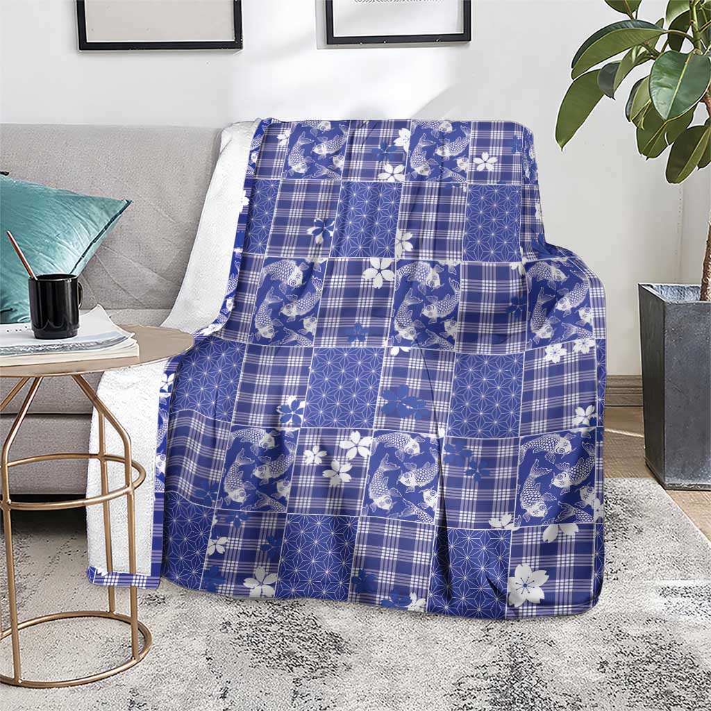 Blue Palaka Japanese Patterns Blanket Koi Fish Asanoha Sakura Patchwork Stylized - Polynesian Pride
