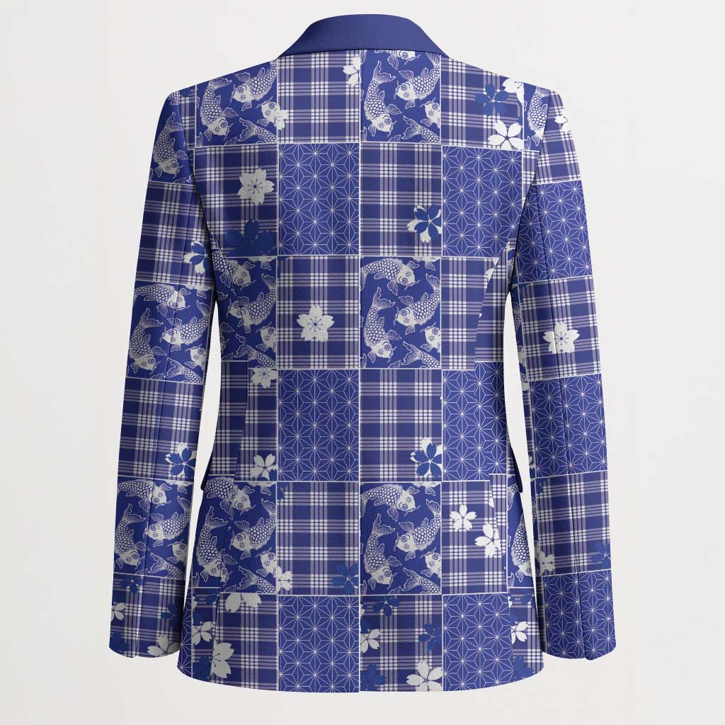 Blue Palaka Japanese Patterns Blazer Koi Fish Asanoha Sakura Patchwork Stylized - Polynesian Pride