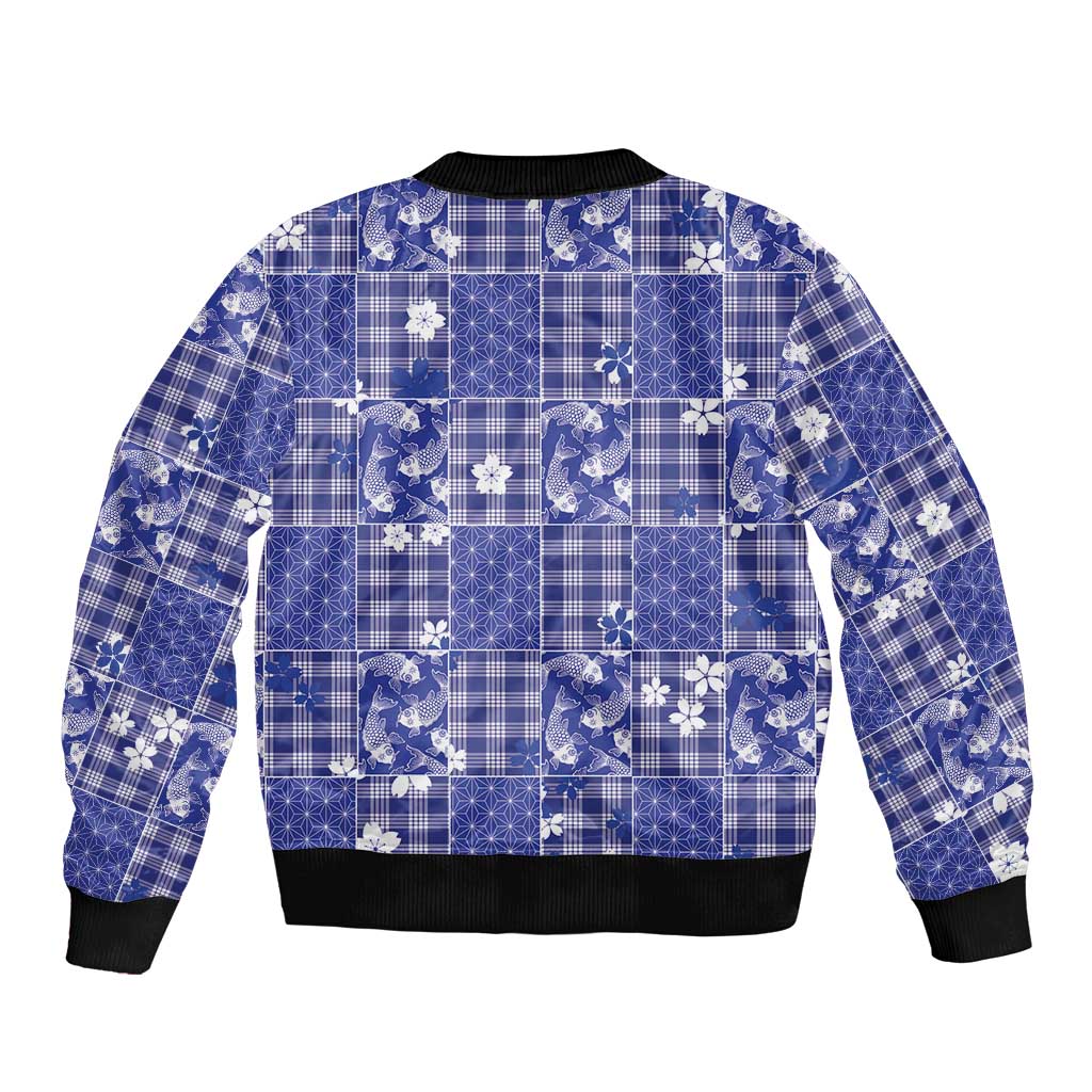 Blue Palaka Japanese Patterns Bomber Jacket Koi Fish Asanoha Sakura Patchwork Stylized - Polynesian Pride