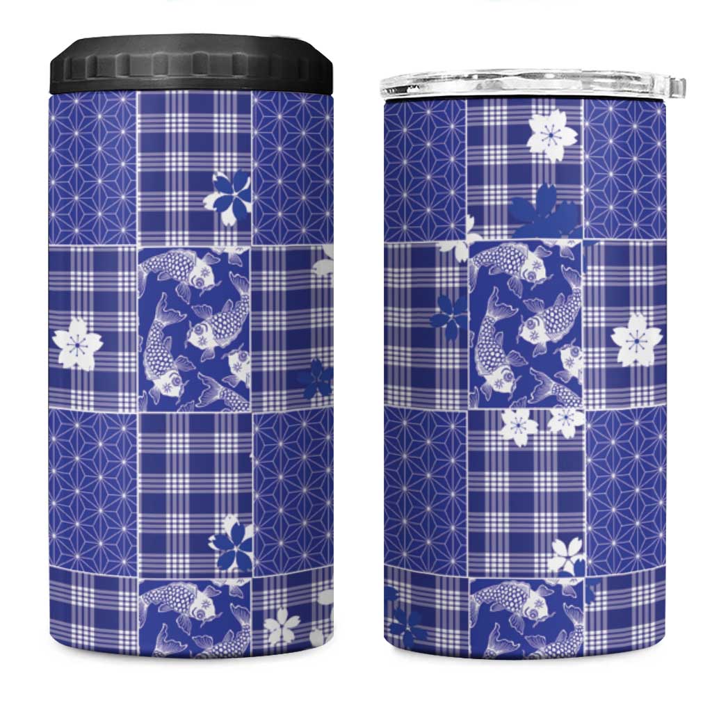 Blue Palaka Japanese Patterns 4 in 1 Can Cooler Tumbler Koi Fish Asanoha Sakura Patchwork Stylized - Polynesian Pride