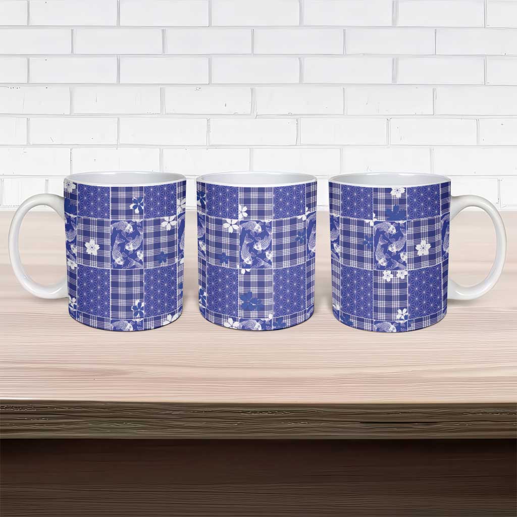 Blue Palaka Japanese Patterns Ceramic Mug Koi Fish Asanoha Sakura Patchwork Stylized - Polynesian Pride