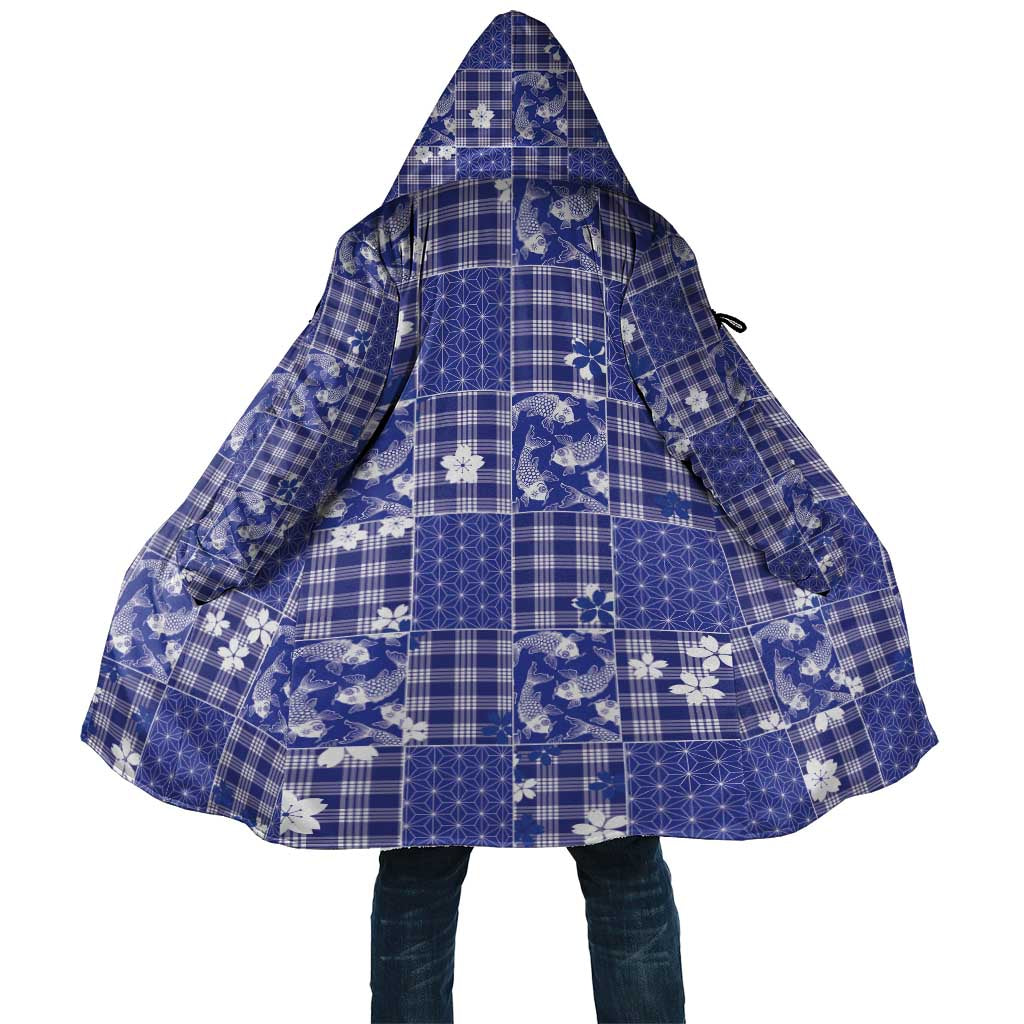Blue Palaka Japanese Patterns Cloak Koi Fish Asanoha Sakura Patchwork Stylized - Polynesian Pride