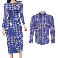 Blue Palaka Japanese Patterns Couples Matching Long Sleeve Bodycon Dress and Long Sleeve Button Shirt Koi Fish Asanoha Sakura Patchwork Stylized LT14 Blue - Polynesian Pride