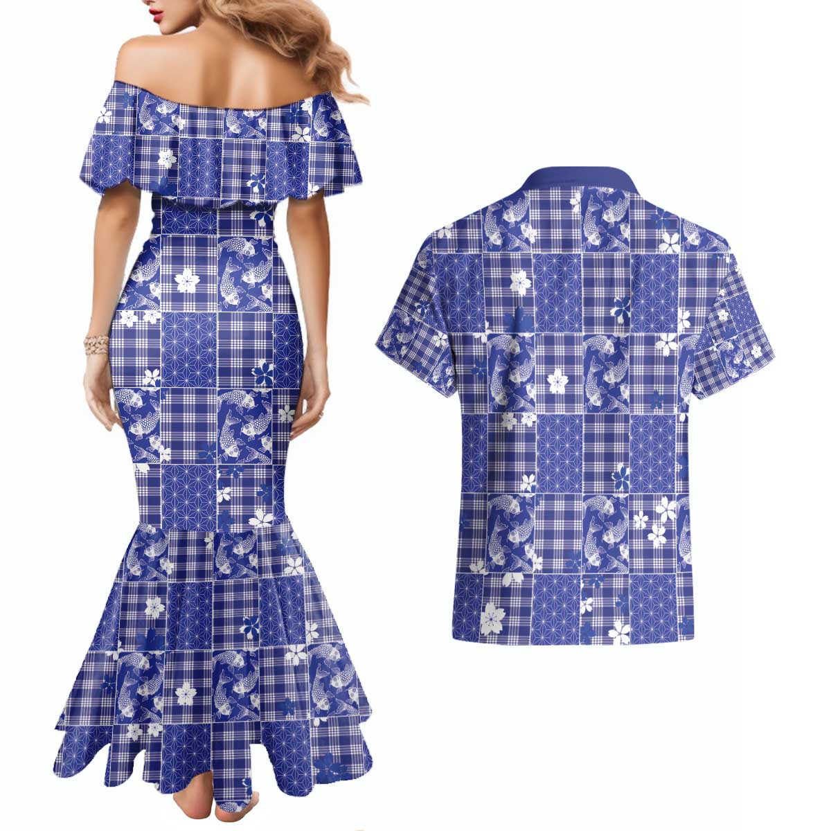 Blue Palaka Japanese Patterns Couples Matching Mermaid Dress and Hawaiian Shirt Koi Fish Asanoha Sakura Patchwork Stylized - Polynesian Pride