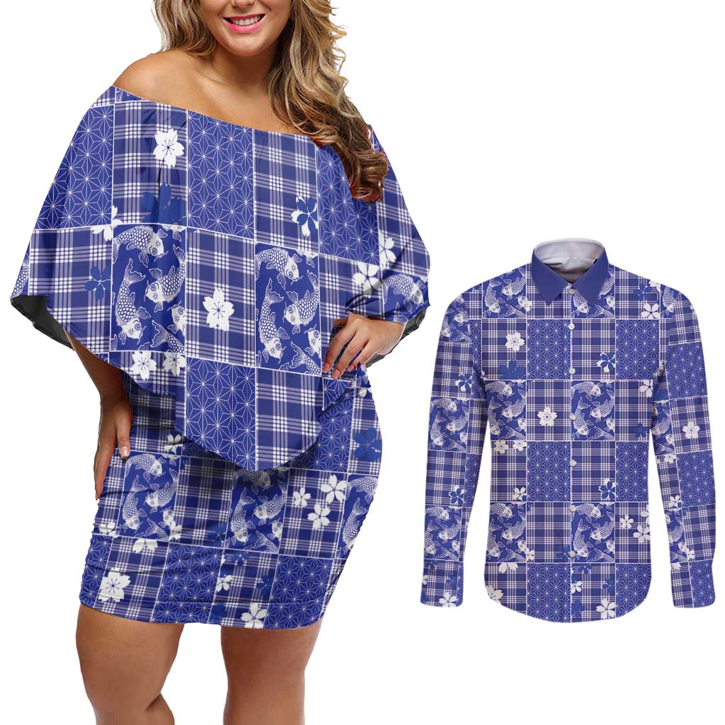 Blue Palaka Japanese Patterns Couples Matching Off Shoulder Short Dress and Long Sleeve Button Shirt Koi Fish Asanoha Sakura Patchwork Stylized - Polynesian Pride