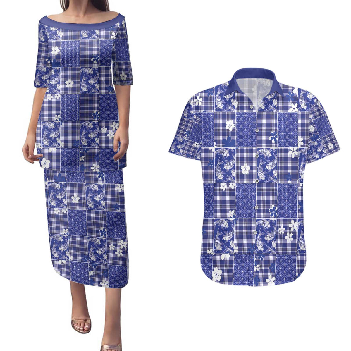 Blue Palaka Japanese Patterns Couples Matching Puletasi and Hawaiian Shirt Koi Fish Asanoha Sakura Patchwork Stylized - Polynesian Pride