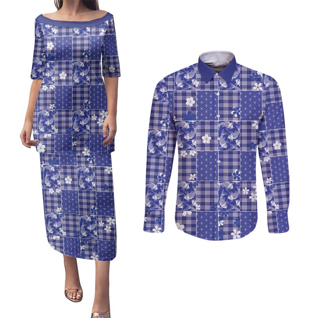 Blue Palaka Japanese Patterns Couples Matching Puletasi and Long Sleeve Button Shirt Koi Fish Asanoha Sakura Patchwork Stylized - Polynesian Pride