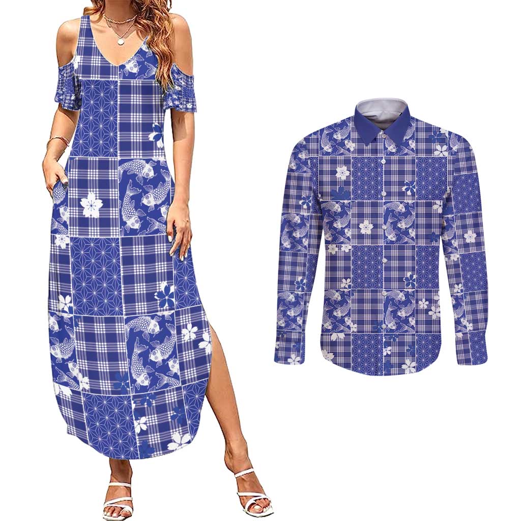 Blue Palaka Japanese Patterns Couples Matching Summer Maxi Dress and Long Sleeve Button Shirt Koi Fish Asanoha Sakura Patchwork Stylized - Polynesian Pride