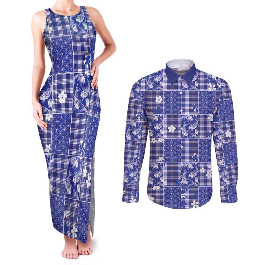 Blue Palaka Japanese Patterns Couples Matching Tank Maxi Dress and Long Sleeve Button Shirt Koi Fish Asanoha Sakura Patchwork Stylized - Polynesian Pride