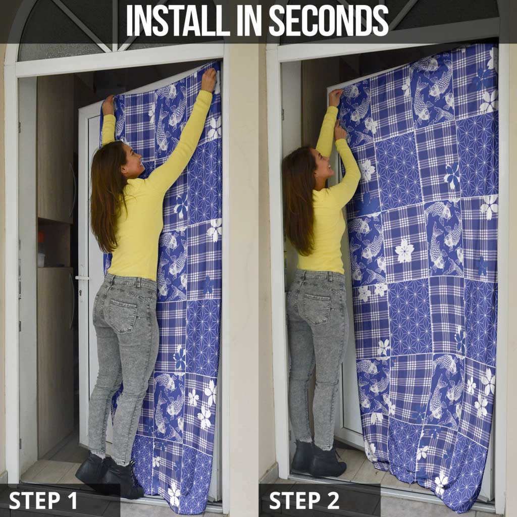 Blue Palaka Japanese Patterns Door Cover Koi Fish Asanoha Sakura Patchwork Stylized - Polynesian Pride