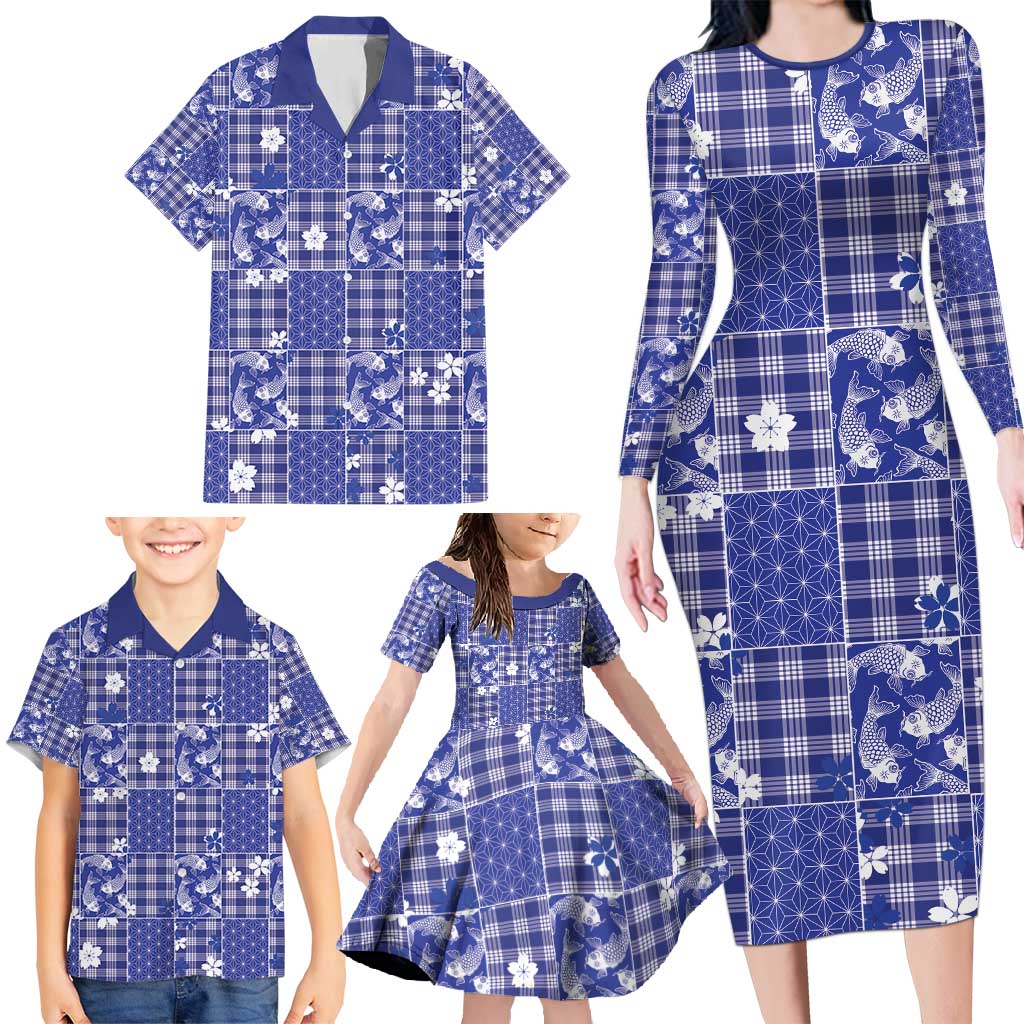 Blue Palaka Japanese Patterns Family Matching Long Sleeve Bodycon Dress and Hawaiian Shirt Koi Fish Asanoha Sakura Patchwork Stylized - Polynesian Pride