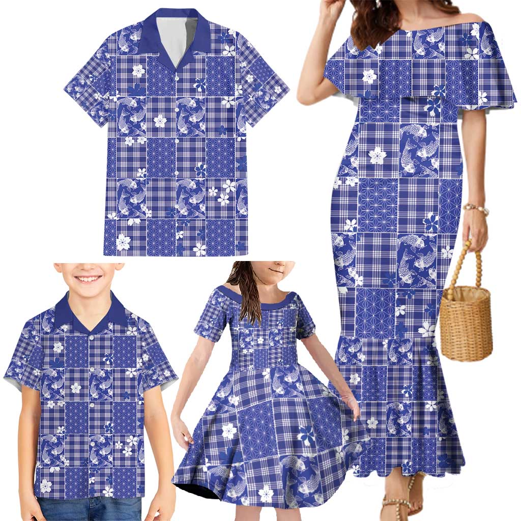 Blue Palaka Japanese Patterns Family Matching Mermaid Dress and Hawaiian Shirt Koi Fish Asanoha Sakura Patchwork Stylized - Polynesian Pride
