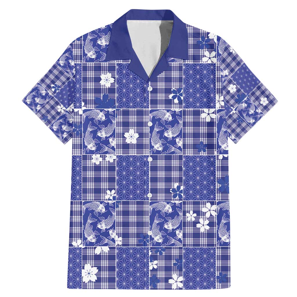 Blue Palaka Japanese Patterns Family Matching Mermaid Dress and Hawaiian Shirt Koi Fish Asanoha Sakura Patchwork Stylized - Polynesian Pride
