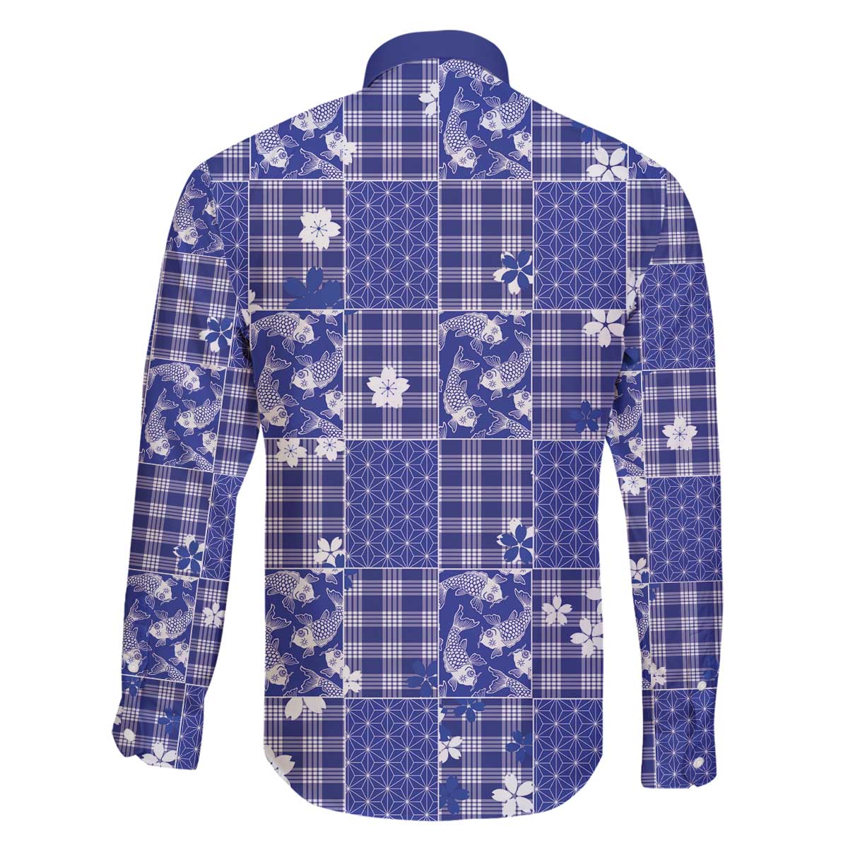 Blue Palaka Japanese Patterns Family Matching Off The Shoulder Long Sleeve Dress and Hawaiian Shirt Koi Fish Asanoha Sakura Patchwork Stylized - Polynesian Pride