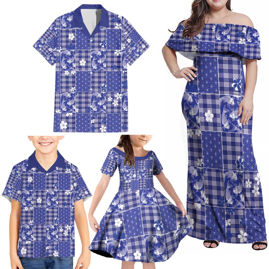 Blue Palaka Japanese Patterns Family Matching Off Shoulder Maxi Dress and Hawaiian Shirt Koi Fish Asanoha Sakura Patchwork Stylized - Polynesian Pride