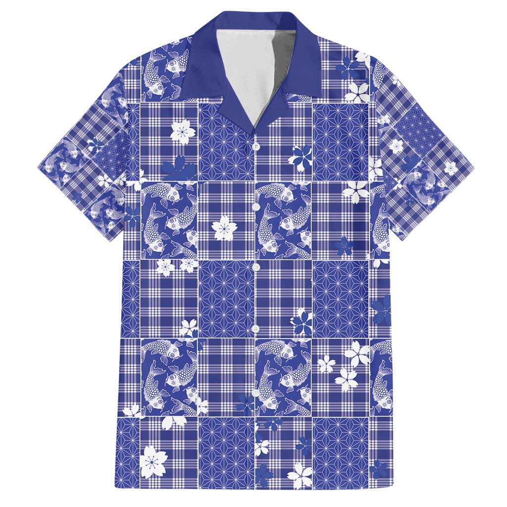 Blue Palaka Japanese Patterns Family Matching Off Shoulder Maxi Dress and Hawaiian Shirt Koi Fish Asanoha Sakura Patchwork Stylized - Polynesian Pride
