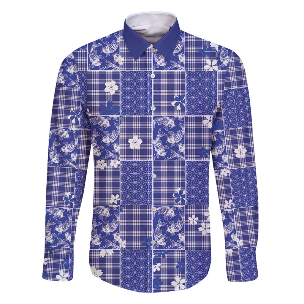 Blue Palaka Japanese Patterns Family Matching Off Shoulder Short Dress and Hawaiian Shirt Koi Fish Asanoha Sakura Patchwork Stylized - Polynesian Pride