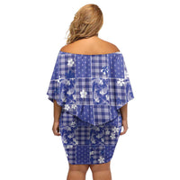 Blue Palaka Japanese Patterns Family Matching Off Shoulder Short Dress and Hawaiian Shirt Koi Fish Asanoha Sakura Patchwork Stylized - Polynesian Pride