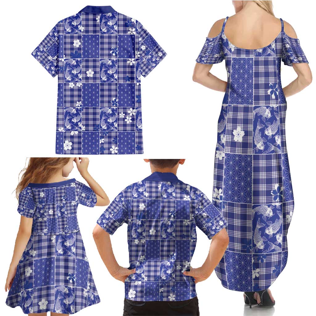 Blue Palaka Japanese Patterns Family Matching Summer Maxi Dress and Hawaiian Shirt Koi Fish Asanoha Sakura Patchwork Stylized - Polynesian Pride