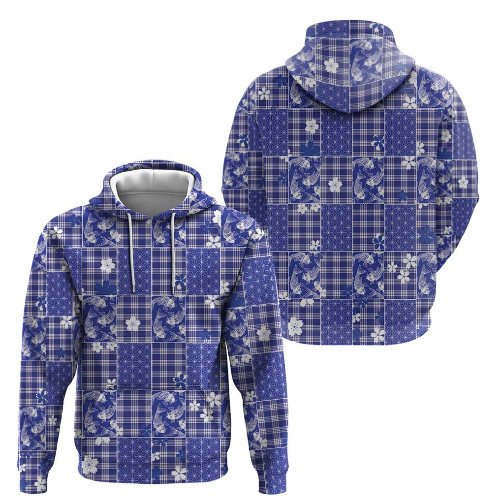 Blue Palaka Japanese Patterns Hoodie Koi Fish Asanoha Sakura Patchwork Stylized - Polynesian Pride