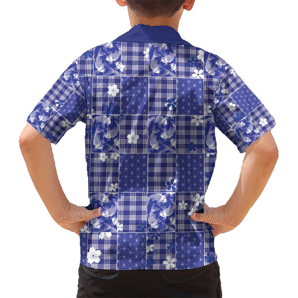 Blue Palaka Japanese Patterns Kid Hawaiian Shirt Koi Fish Asanoha Sakura Patchwork Stylized - Polynesian Pride