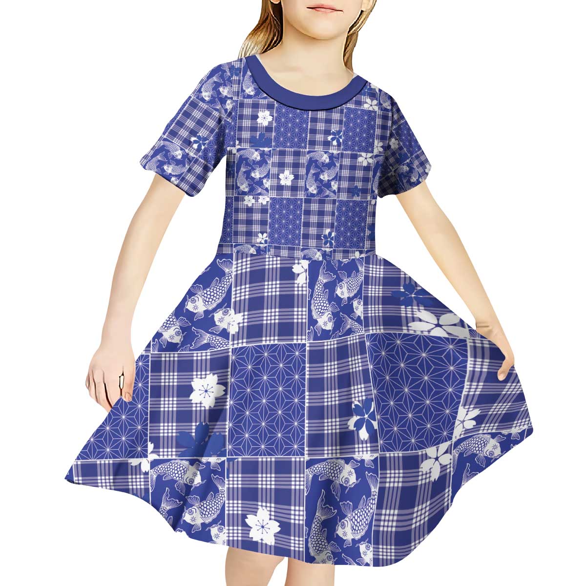 Blue Palaka Japanese Patterns Kid Short Sleeve Dress Koi Fish Asanoha Sakura Patchwork Stylized - Polynesian Pride
