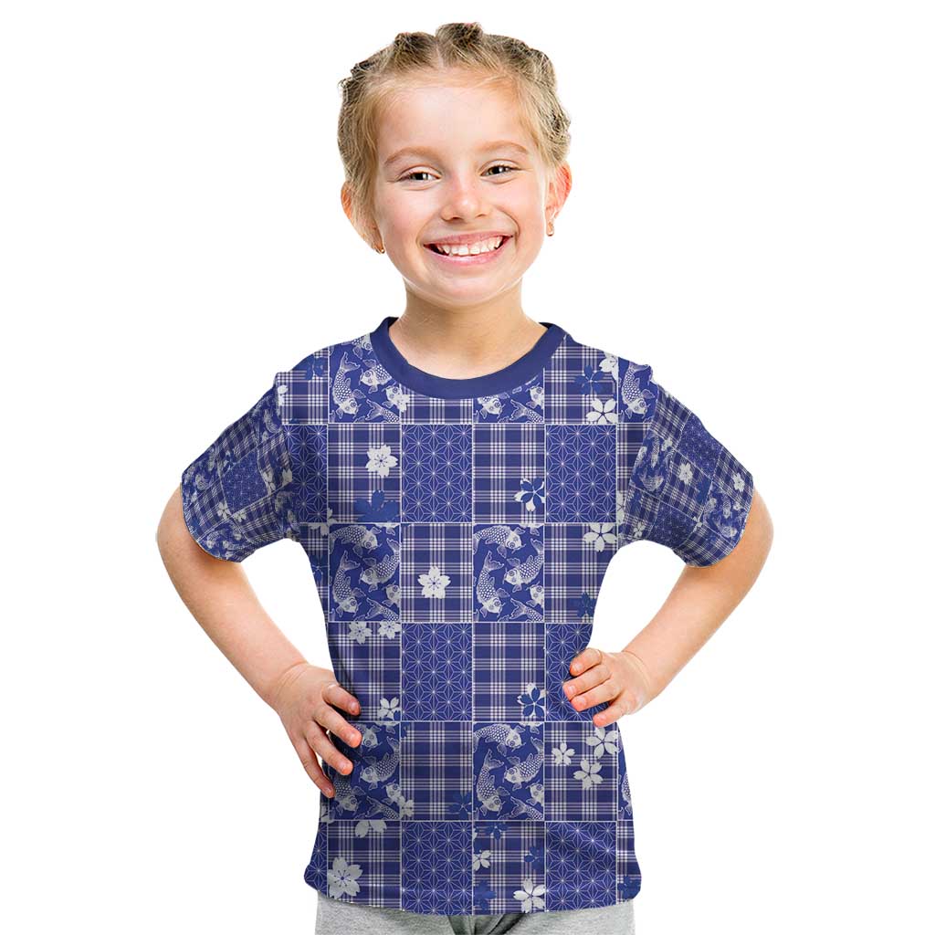 Blue Palaka Japanese Patterns Kid T Shirt Koi Fish Asanoha Sakura Patchwork Stylized - Polynesian Pride