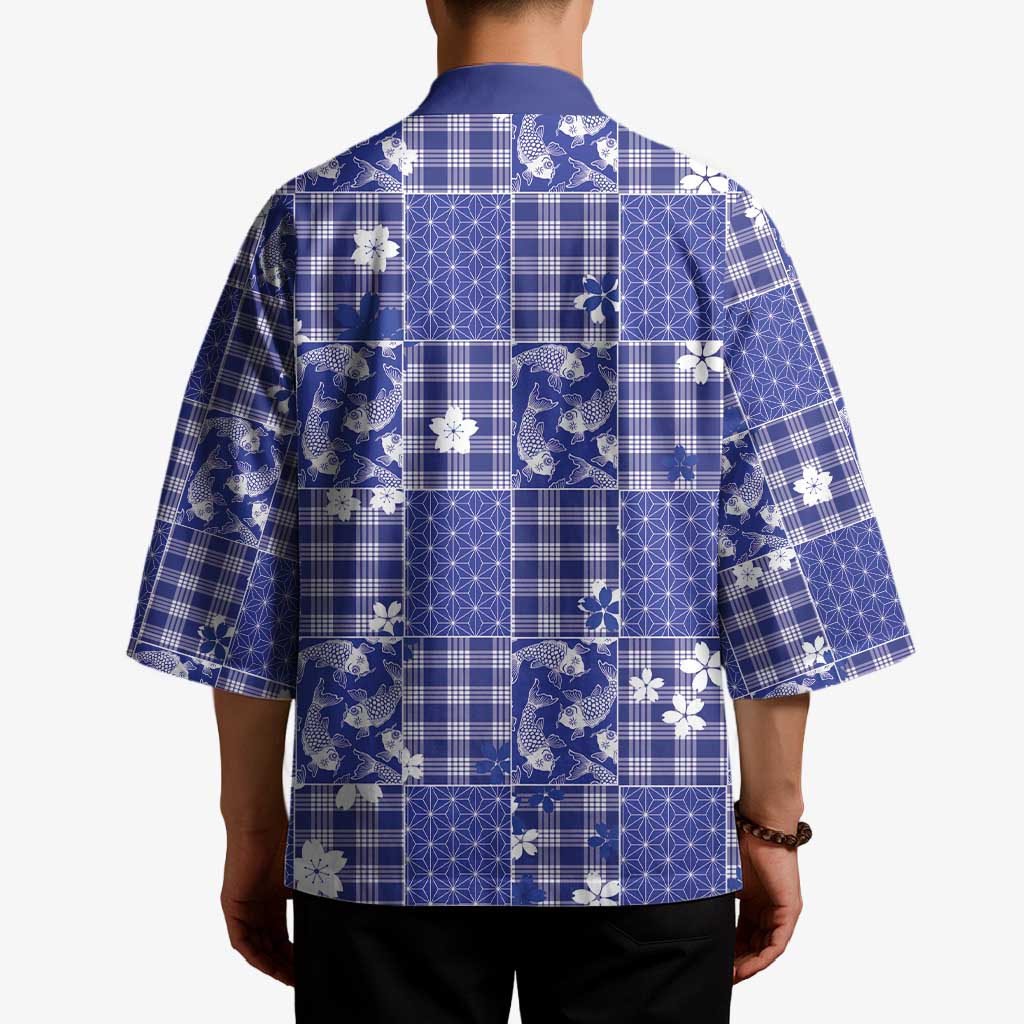 Blue Palaka Japanese Patterns Kimono Koi Fish Asanoha Sakura Patchwork Stylized - Polynesian Pride