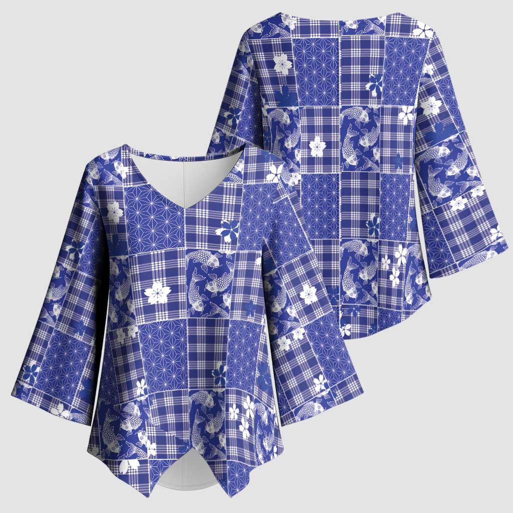 Blue Palaka Japanese Patterns Kimono Sleeve Blouse Koi Fish Asanoha Sakura Patchwork Stylized - Polynesian Pride