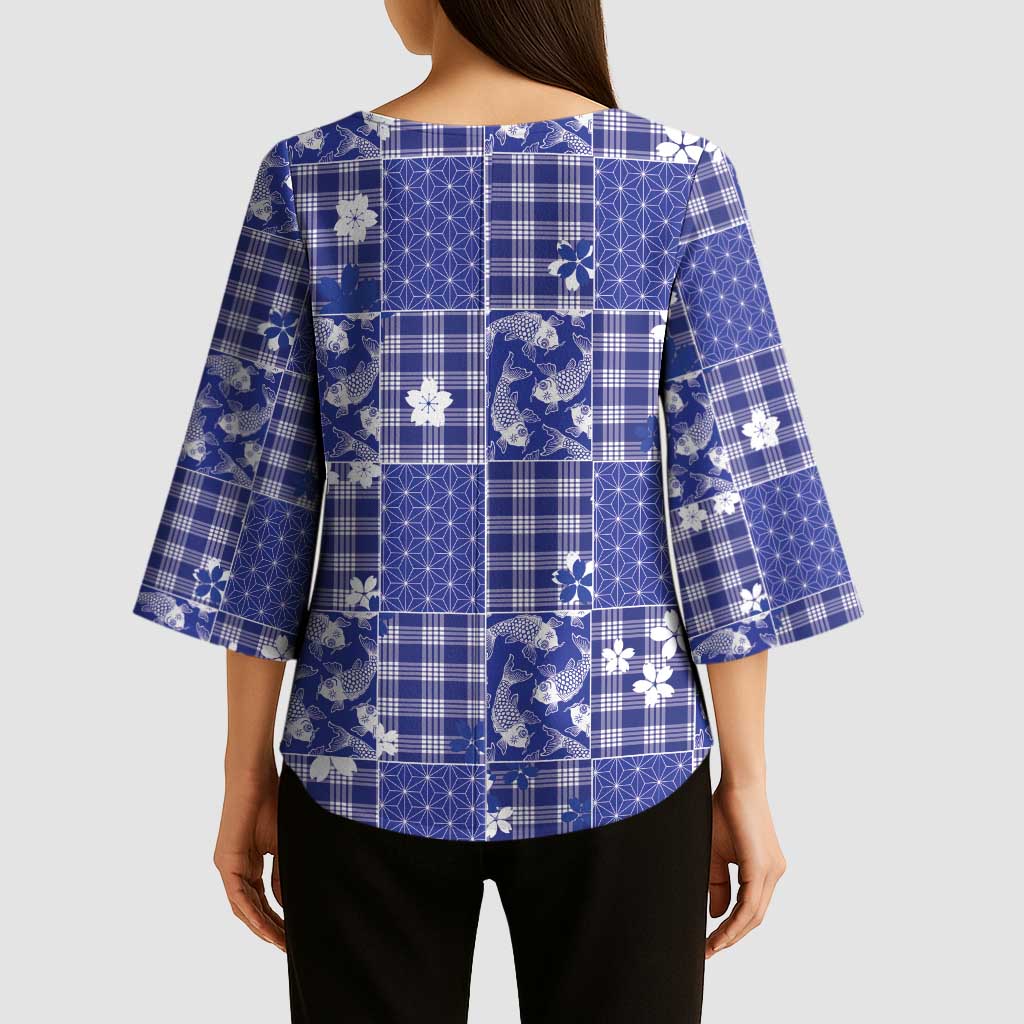 Blue Palaka Japanese Patterns Kimono Sleeve Blouse Koi Fish Asanoha Sakura Patchwork Stylized - Polynesian Pride