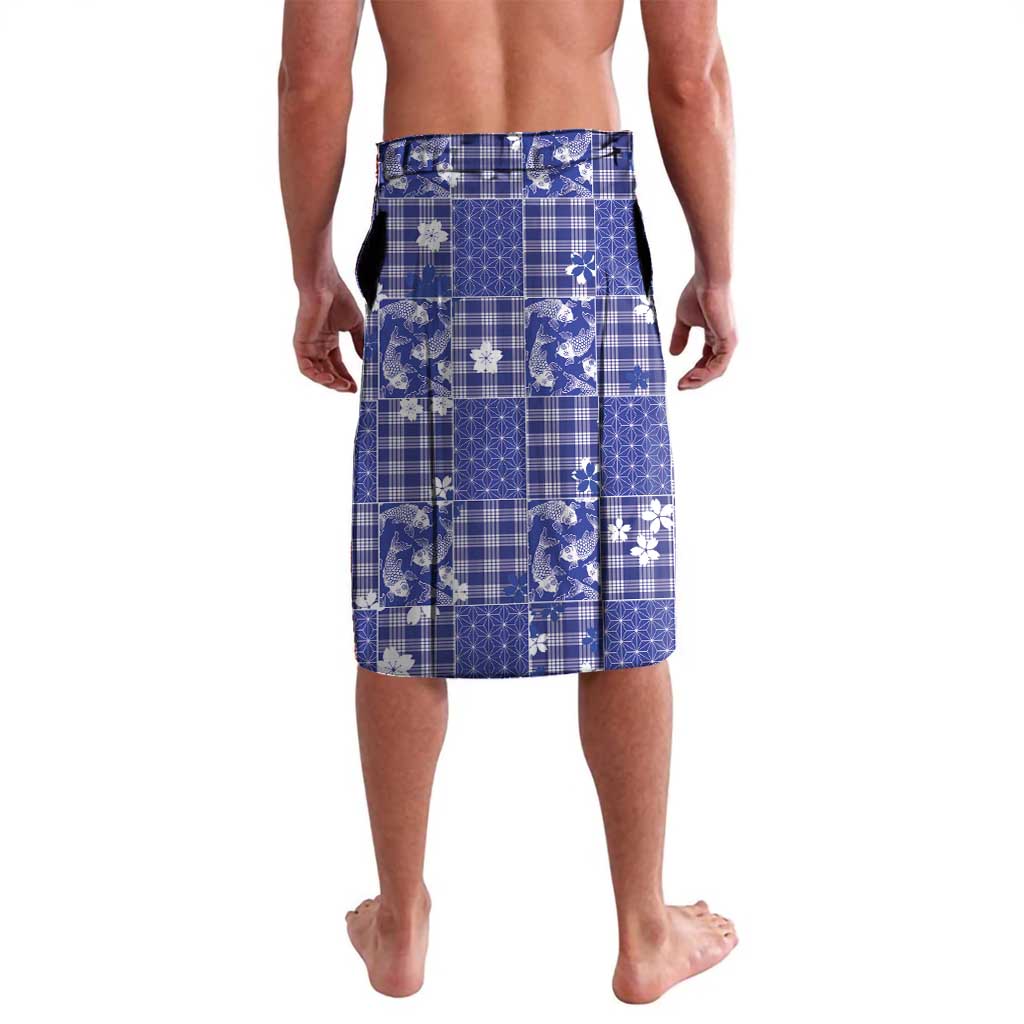 Blue Palaka Japanese Patterns Lavalava Koi Fish Asanoha Sakura Patchwork Stylized - Polynesian Pride